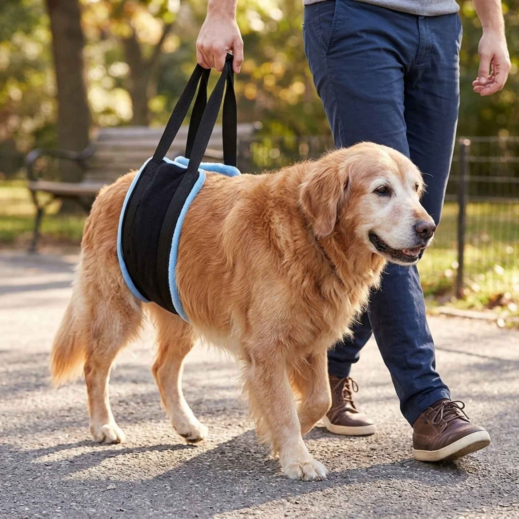 Senior dog being supported by the PAWLTH rear lift harness on a walk